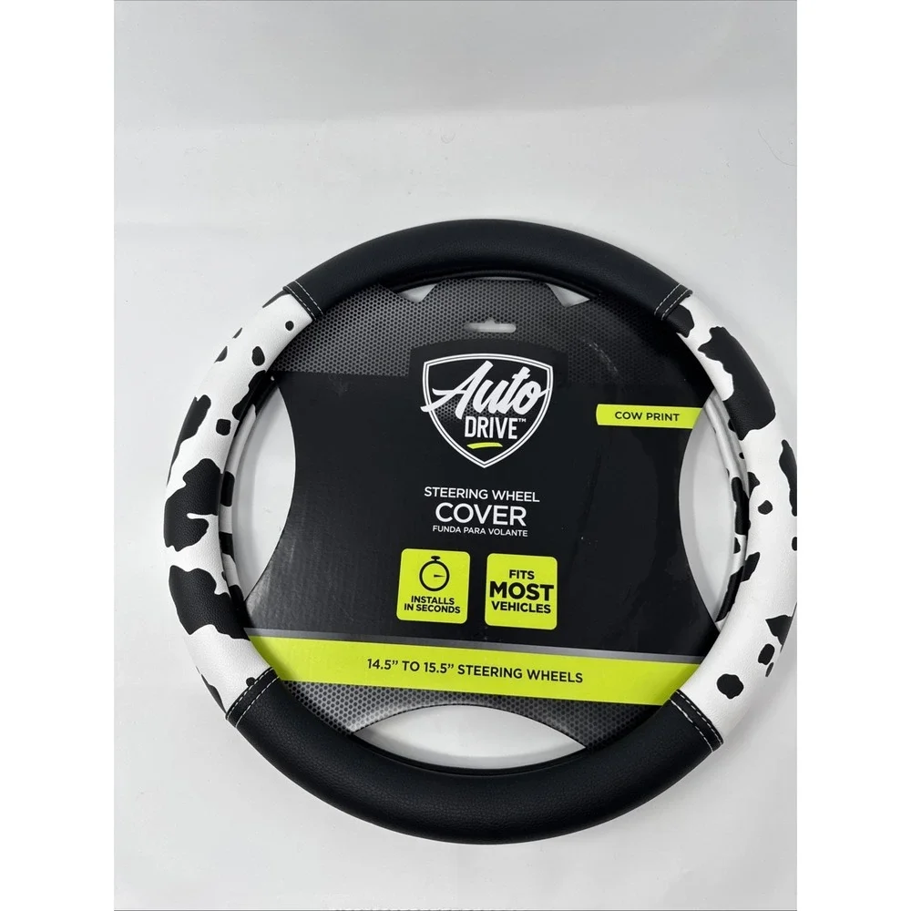 Auto Drive Black White Cow Print Faux Leather Steering‎ Wheel Cover, SUVs